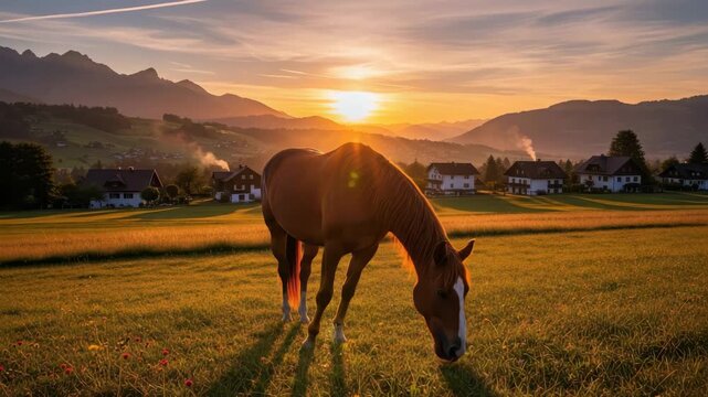 Chestnut Horse Grazes In Green Meadow At Sunset Bathed In Golden Light With Mountains Village Houses In The Background Beautiful Scene For Promotional Material Wall Art