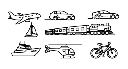 Set of simple black and white line icons of various transportation modes including airplane, car, train, boat, bicycle and helicopter, perfect for travel and transport projects