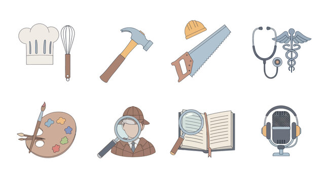 Set of vector icons representing different professions and tools including chef, carpenter, doctor, artist, detective, researcher, and broadcaster. Ideal for education or career presentations.