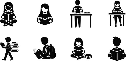 Eight black icons of people of different ages reading books in various poses open book