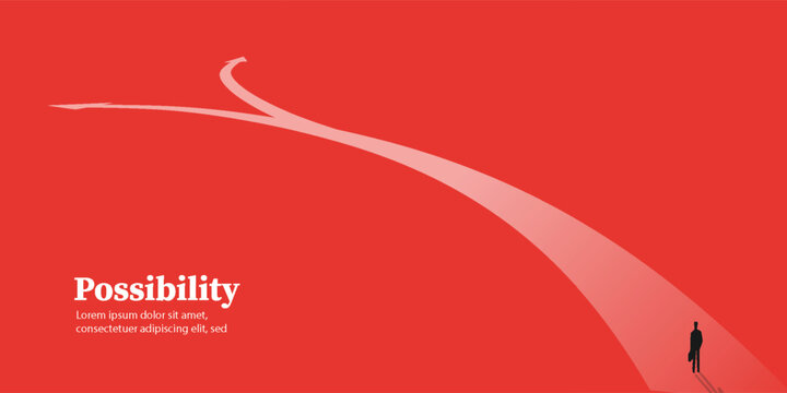 A person walking on a path that forks, symbolizing choice, decision, and future possibilities on a red background.