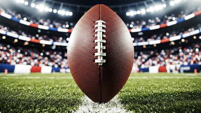 Close-up shot of a brown American football on a green field with a blurred stadium background and crowd, conveying an energetic mood.