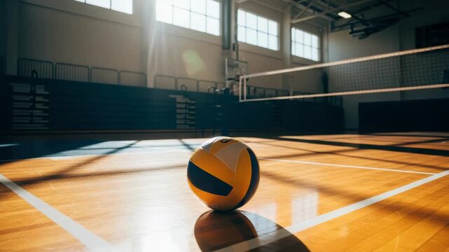 Volleyball Resting On Wooden Court Floor With Net In Background In School Gym Setting Sunlight Streams Creating Shadows Image For Sport Competition Fitness Concepts