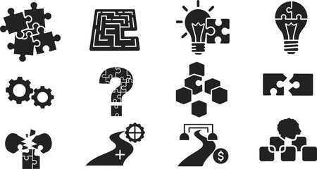 Puzzle and business concept icons including lightbulb maze and gears Keywords: puzzle piece icon, lightbulb, maze, gears, question mark, honeycomb