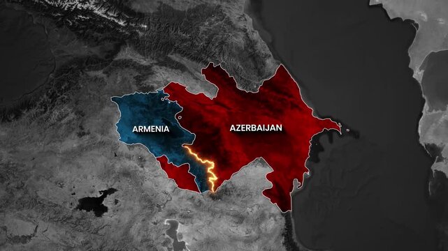 Azerbaijan and Armenia Border Map Animation with Fire Glow Effect Highlighting Conflict Zone