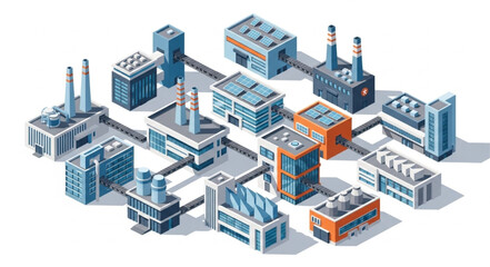Isometric industrial factory buildings connected by lines.