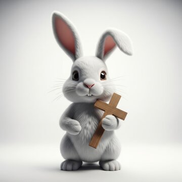 Fluffy White Rabbit Holding Wooden Cross on White Background