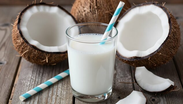 Glass of coconut milk with blue and white striped straw on wooden background