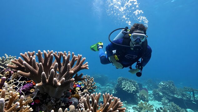 Scuba diver explores vibrant coral reef in the clear blue ocean
