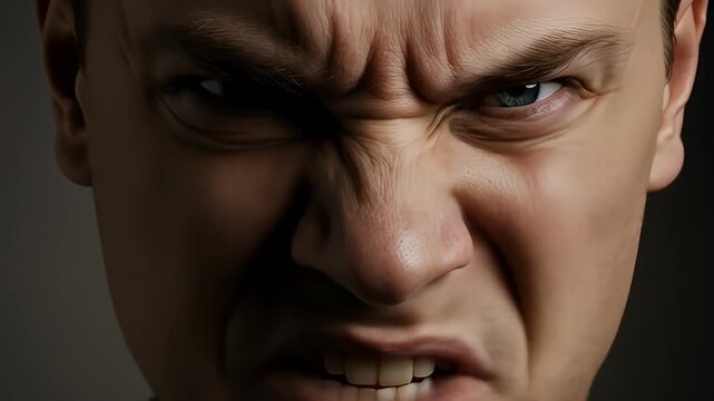 A man's intensely angry face shows rage with squinting eyes and a snarling mouth