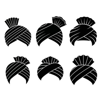 Collection of Six Black Sikh Turbans (Pagri) Icons on White Background