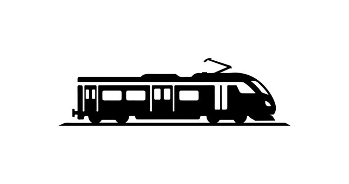 A black silhouette of a modern tram or streetcar on a track