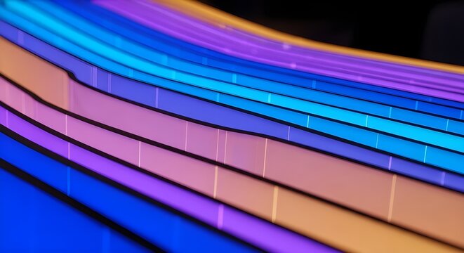 Textura ondulada de vidrio con fondo degradado oscuro y rayas claras de color naranja, azul y lila.
 Distorsi&oacute;n futurista, brillo abstracto cambiante, desenfoque vertical de ca&ntilde;a.
 Ilustraci&oacute;n vectori