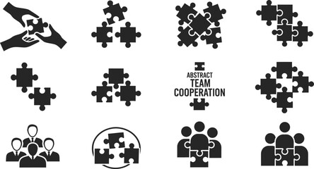 Teamwork and Cooperation Icons with Puzzles and People Silhouettes jigsaw