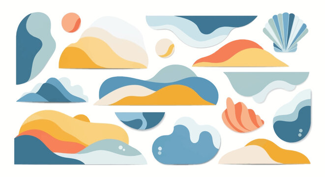 Abstract Organic Shapes, Waves, and Seashells in Pastel Colors - Vector Set