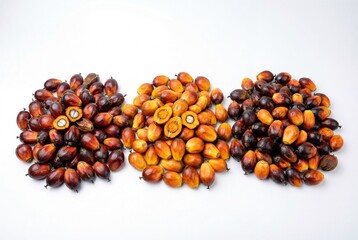 Obraz premium Three distinct piles of freshly harvested palm fruits in red and orange