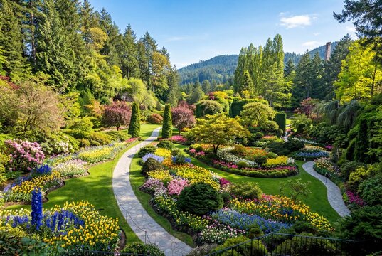 Vibrant sunken garden landscape at butchart gardens in victoria with colorful spring flowers and paths