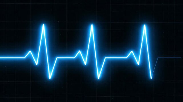 Glowing blue electrocardiogram waveform on a black background with a white grid pattern.