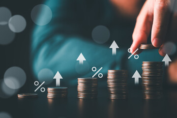 Rising interest rate concept with stacked coins and upward arrows symbolizing inflation impact...