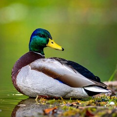 Obraz premium A duck with green head and yellow beak in water
