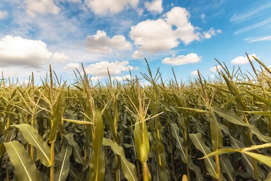 A vibrant green corn field stretches towards the horizon under a beautiful blue sky