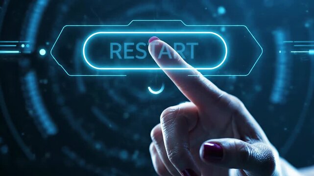 Hand pressing restart button on futuristic interface screen