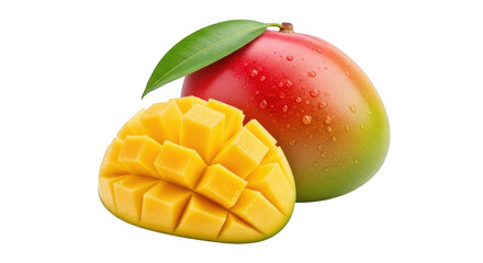 Ripe mango and cubed mango isolated on transparent background