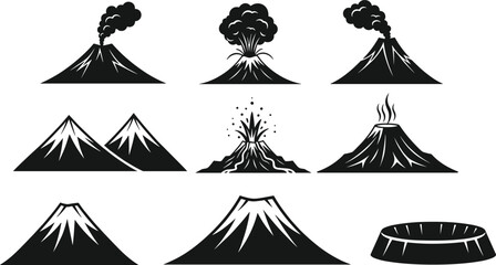 Volcano silhouette icon set with erupting mountains lava smoke crater isolated vector illustration collection © MDBELAL