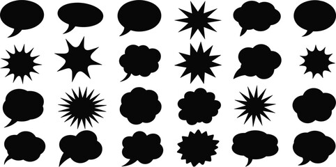 Assortment of black speech bubble and explosion shapes on white background talk bubble comic © Shahajan