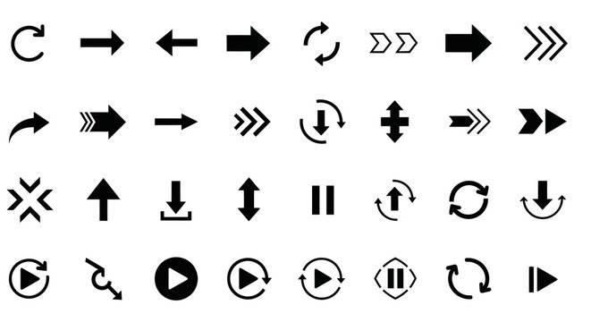 Collection of Black Arrows and Navigation Icons on White Background