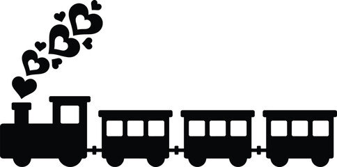 Black and white silhouette vector illustration of a cute toy train locomotive with heart shaped smoke for romantic Valentine's Day designs and childhood concepts. © Austomi's World