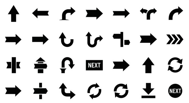 Collection of Black Arrows and Navigation Icons on White Background