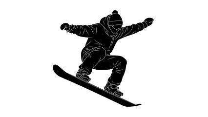 Silhouette of a snowboarder performing a trick on a white background