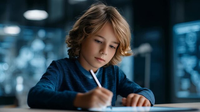 Curious young boy with blond hair using a digital tablet and stylus in a modern classroom, focused on creative learning. Futuristic educational technology inspires innovation and imagination