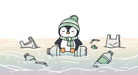 Adorable Penguin in Polluted Ocean Concept Art