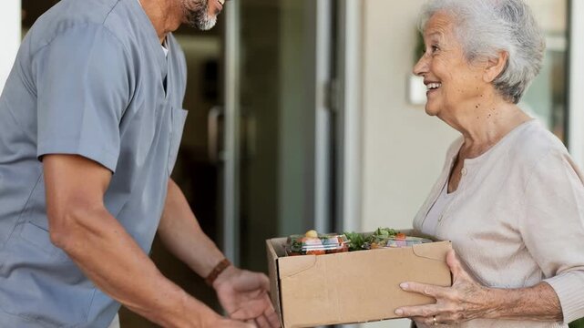 Closeup of a driver delivering a nutritious meal box to a senior resident at an assisted living facility entrance main subject in sharp focus and surroundings out of focus.