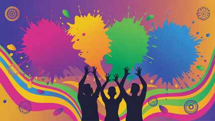 Vibrant group of friends celebrating with colorful paint splatters