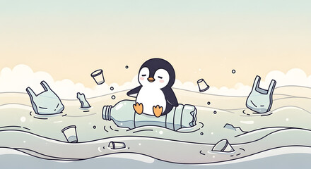 Cartoon Penguin Surrounded by Plastic Waste in Sea