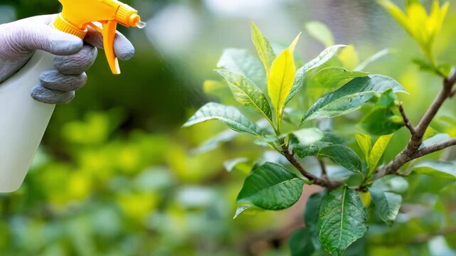 Organic spray application on tree leaves to naturally repel harmful insects and maintain healthy growth in an ecofriendly garden setting