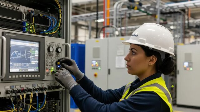 Female Technician Operating Control Panel In Industrial Setting Monitoring Data Analysis Background Shows Factory Equipment Promoting Technology Engineering Data Insights