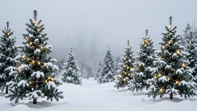 Snowy christmas trees decorated with lights stand in a dense forest covered with fresh white snow