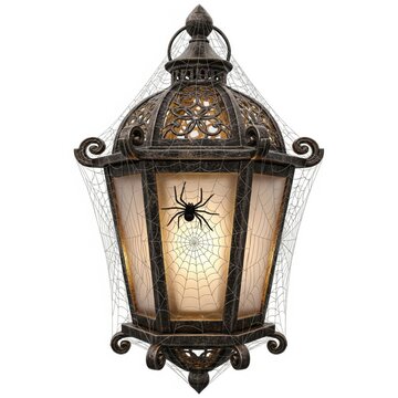 Ornate Iron Lantern with Cobwebs and Spider Decoration on White