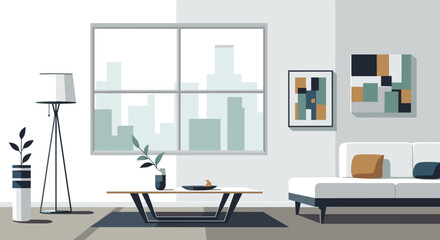 Fototapeta premium Modern living room interior with stylish furniture and city view.