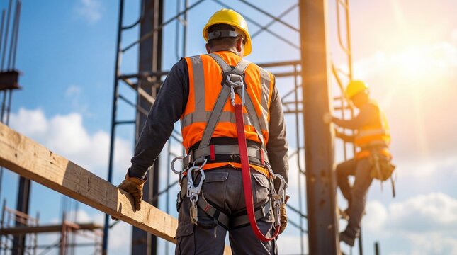 建設現場でヘルメットと安全ハーネスを着用した作業員が、夕焼けの空を背景に木材を運ぶ様子を後方から捉えた写真。もう一人の作業員が足場を登っている。