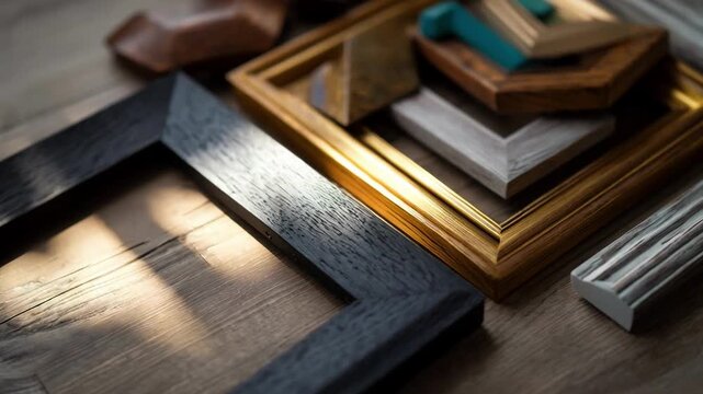 Medium shot of a diverse collection of custom frames displayed on a table illustrating choices in materials and colors to suit personalized photo presentation.
