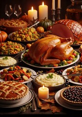 Thanksgiving Feast Tabletop Still Life with Turkey and Fall Colors
