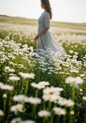 Woman in Long Dress Walking Through Field of White Daisies
