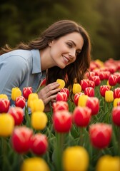 Woman in a Tulip Field Holding Yellow Tulip at Sunset