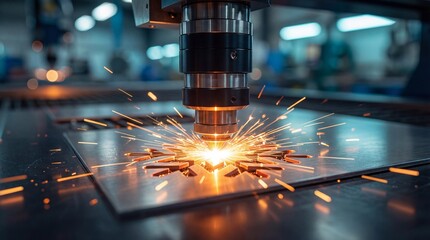 青みがかった金属板にオレンジ色の火花を散らしながらレーザーが精密に切断加工を行う製造業の現場風景、暗い背景に光る溶接作業の様子。