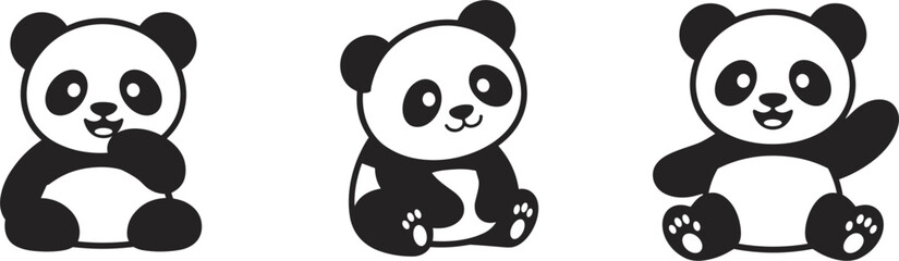 Three simple black and white cartoon panda illustrations in different poses bear cute © Shahajan